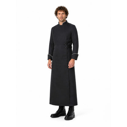 Long Black Robe with Stand Collar and White Trim lifestyle