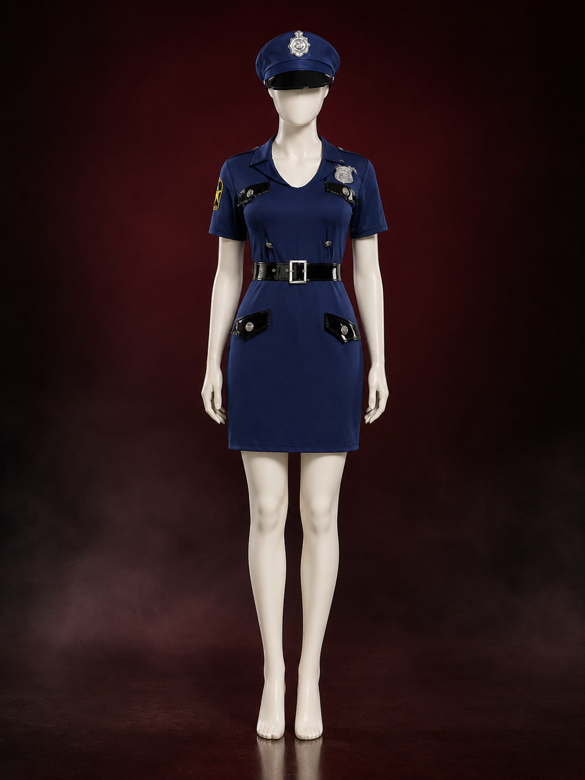 Women's Sexy Police Officer Costume Set with Hat and Belt - Short Sleeve Dress main product view