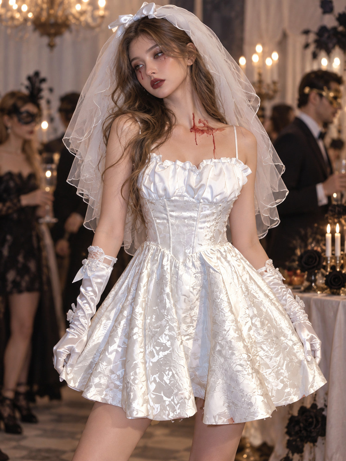 Ghost Bride Halloween Costume White with Veil and Blood