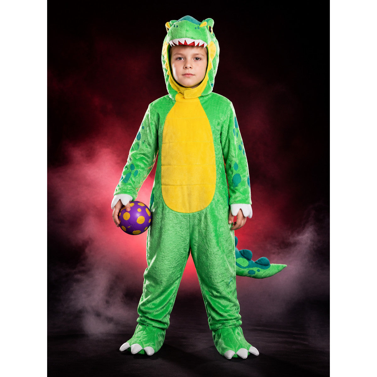 Green Dinosaur Hooded Bodysuit Costume with Blue Spots and Tail - Halloween main product view