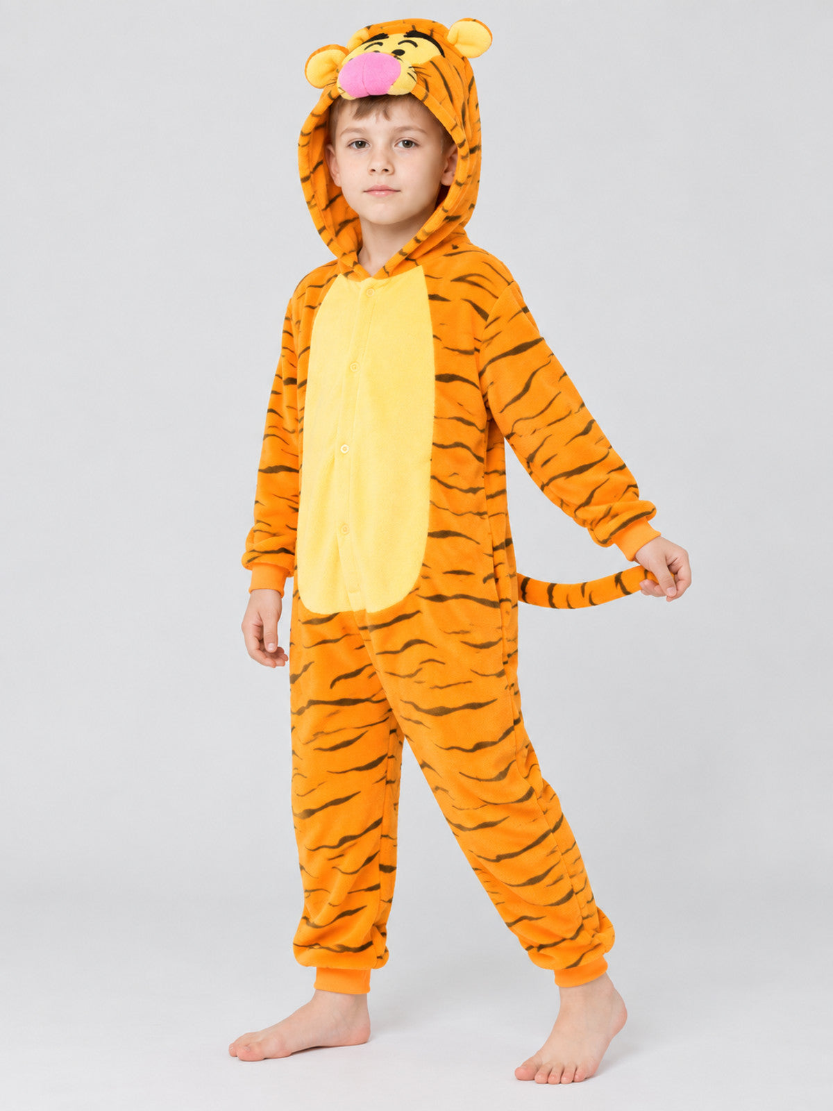 Flannel Pajama Jumpsuit with Tiger Hood and Tail