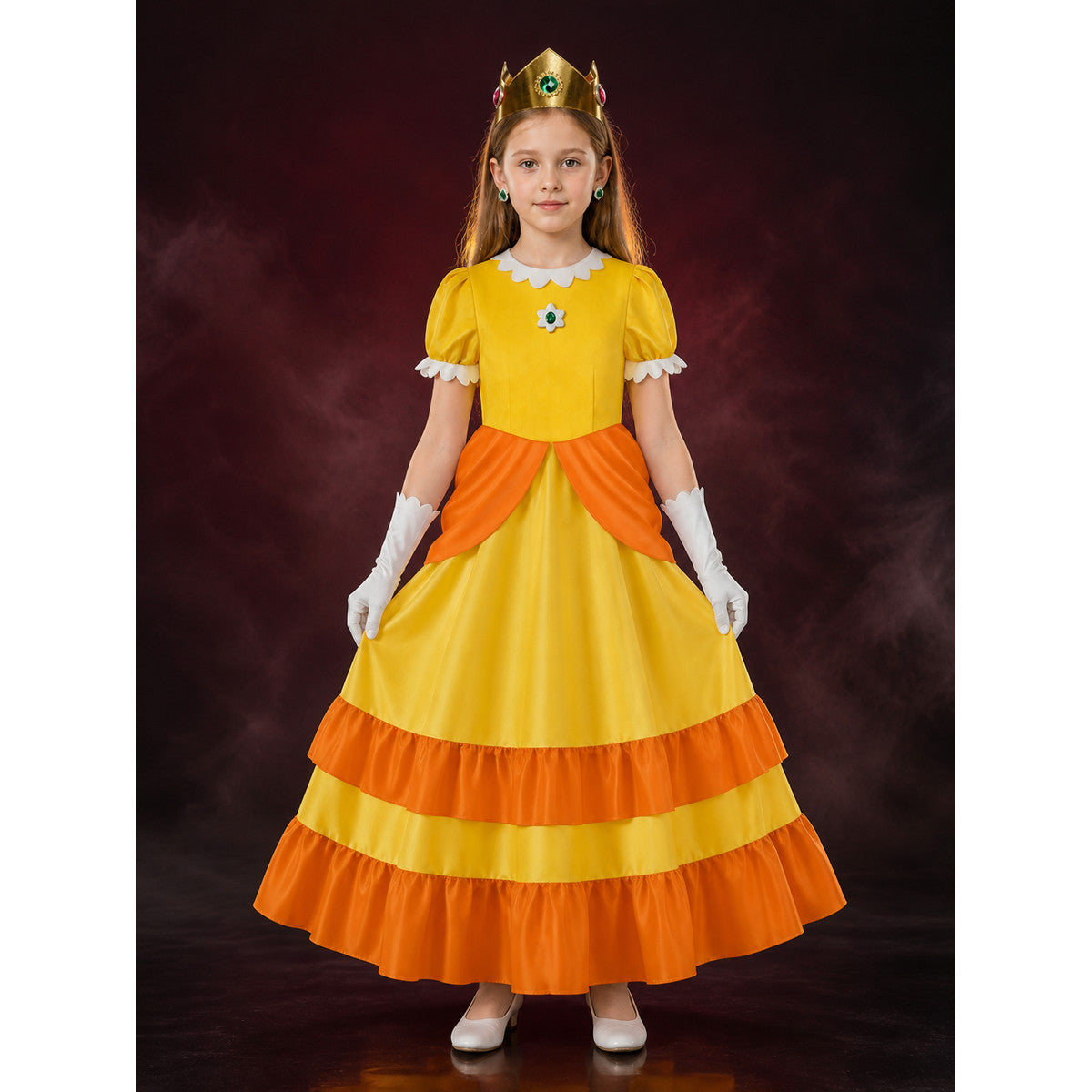 Kids Princess Yellow Dress Costume Set with Crown and Gloves for Halloween main product view