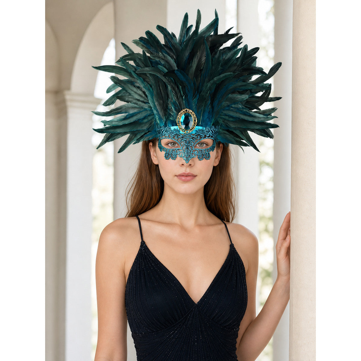 Carnival headpiece with feathers and a mask lifestyle