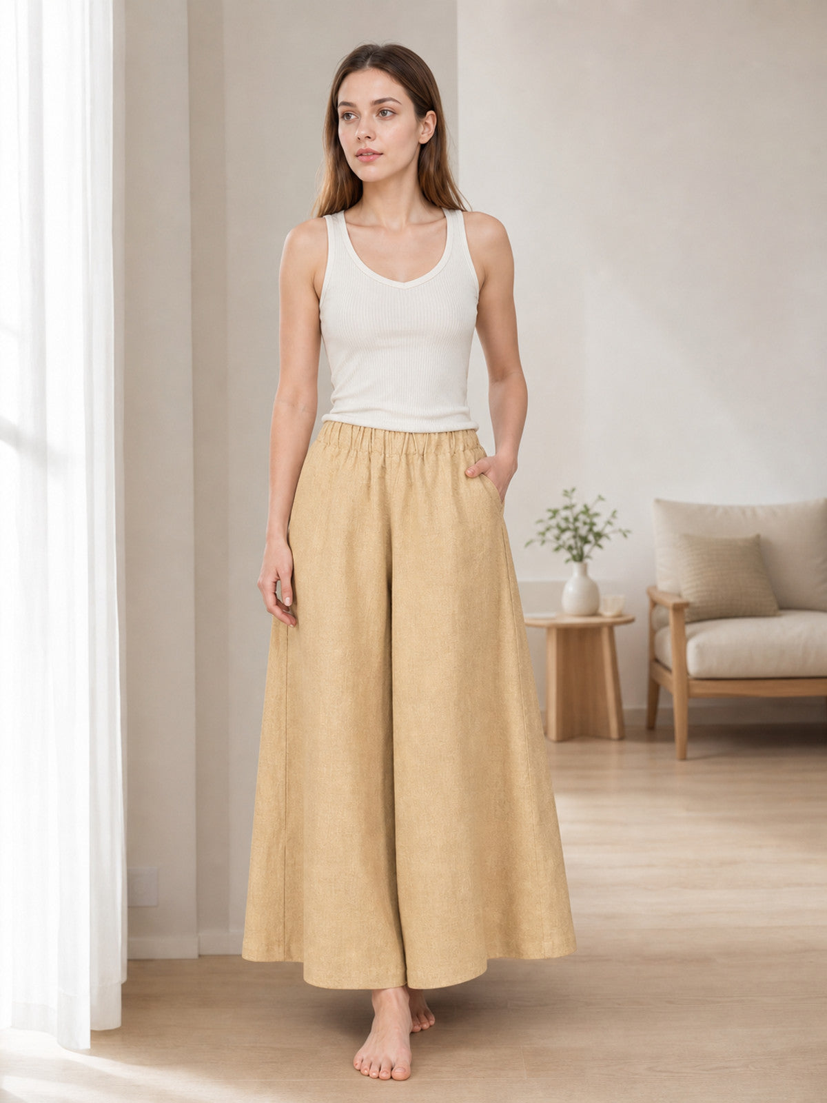 Apricot Wide Leg Pants, Elastic Waist Long Trousers with Two Side Pockets