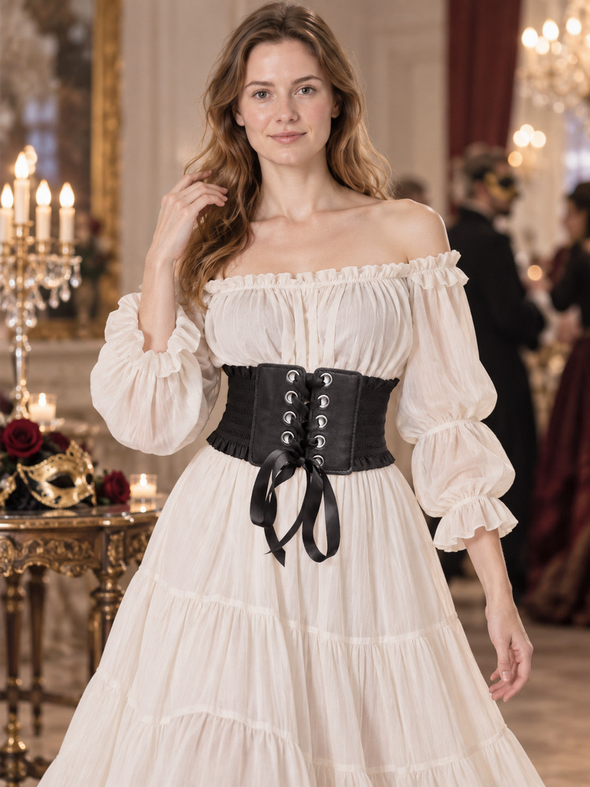 Wide Black Corset Belt with Lacing and Ruffles
