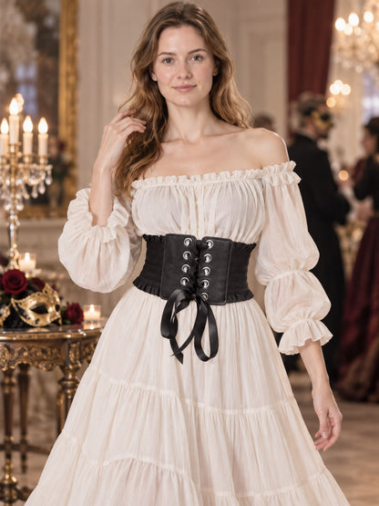 Wide Black Corset Belt with Lacing and Ruffles