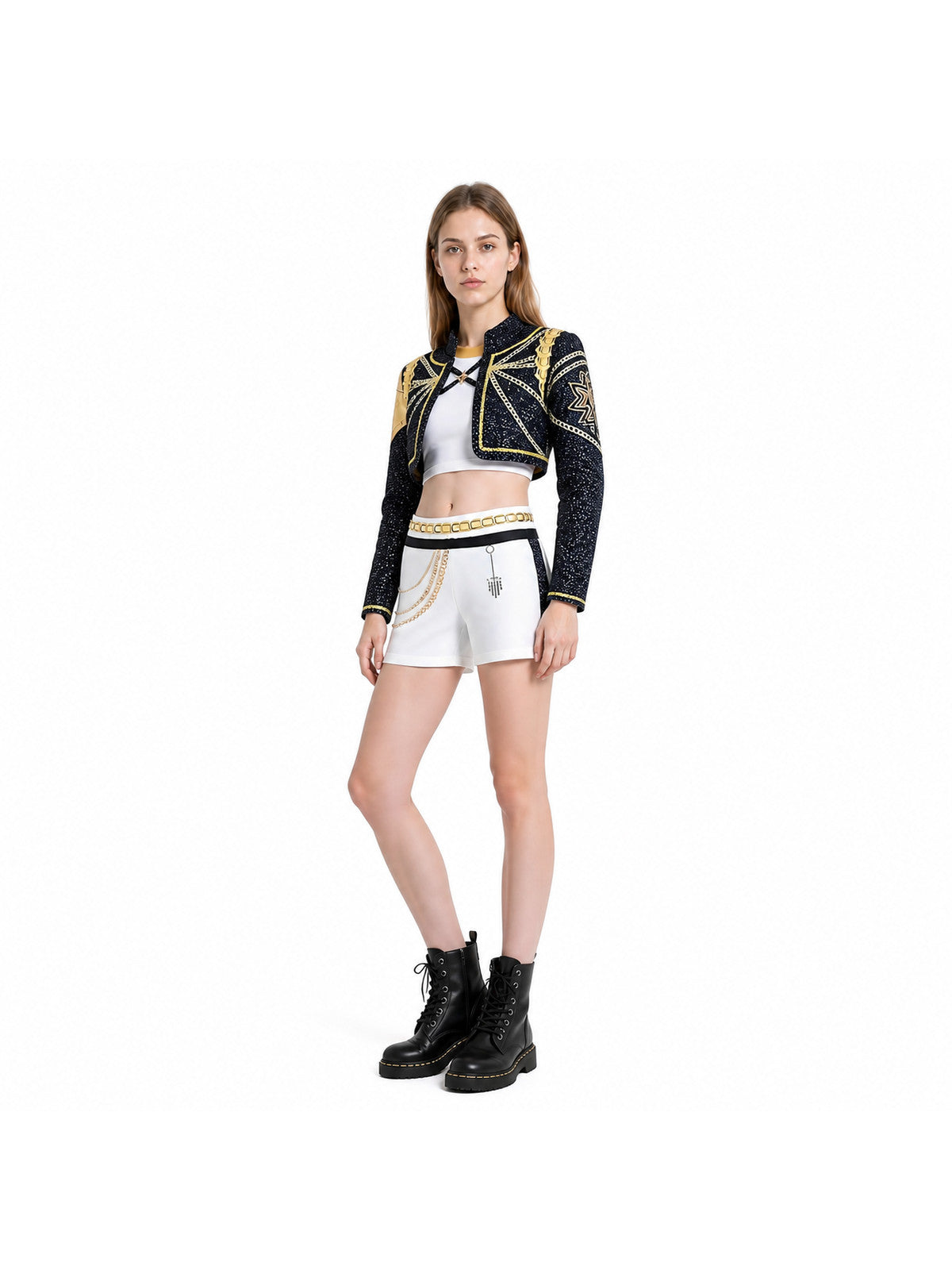 Black, White, and Gold Cosplay Costume: Jacket, Top, and Shorts Costumes detail