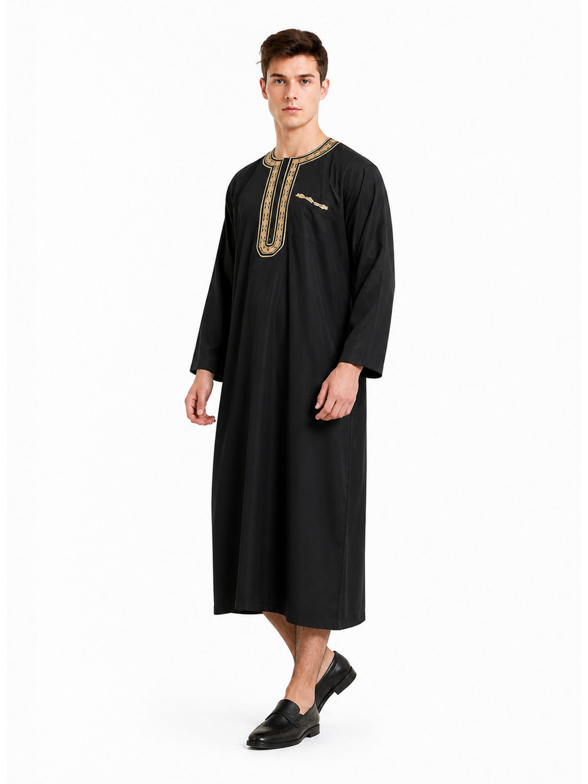 Long Black Abaya with Gold Collar Trim