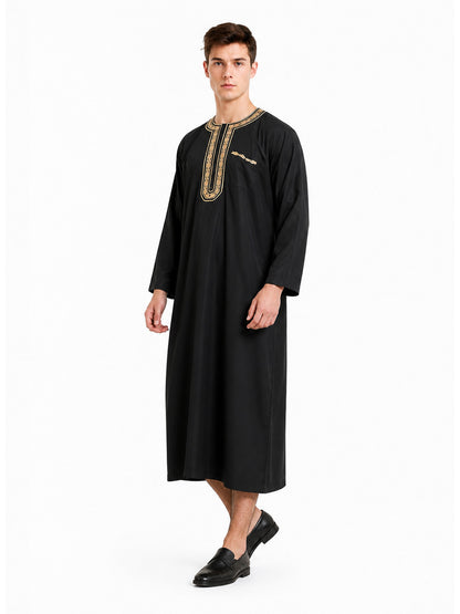 Long Black Abaya with Gold Collar Trim