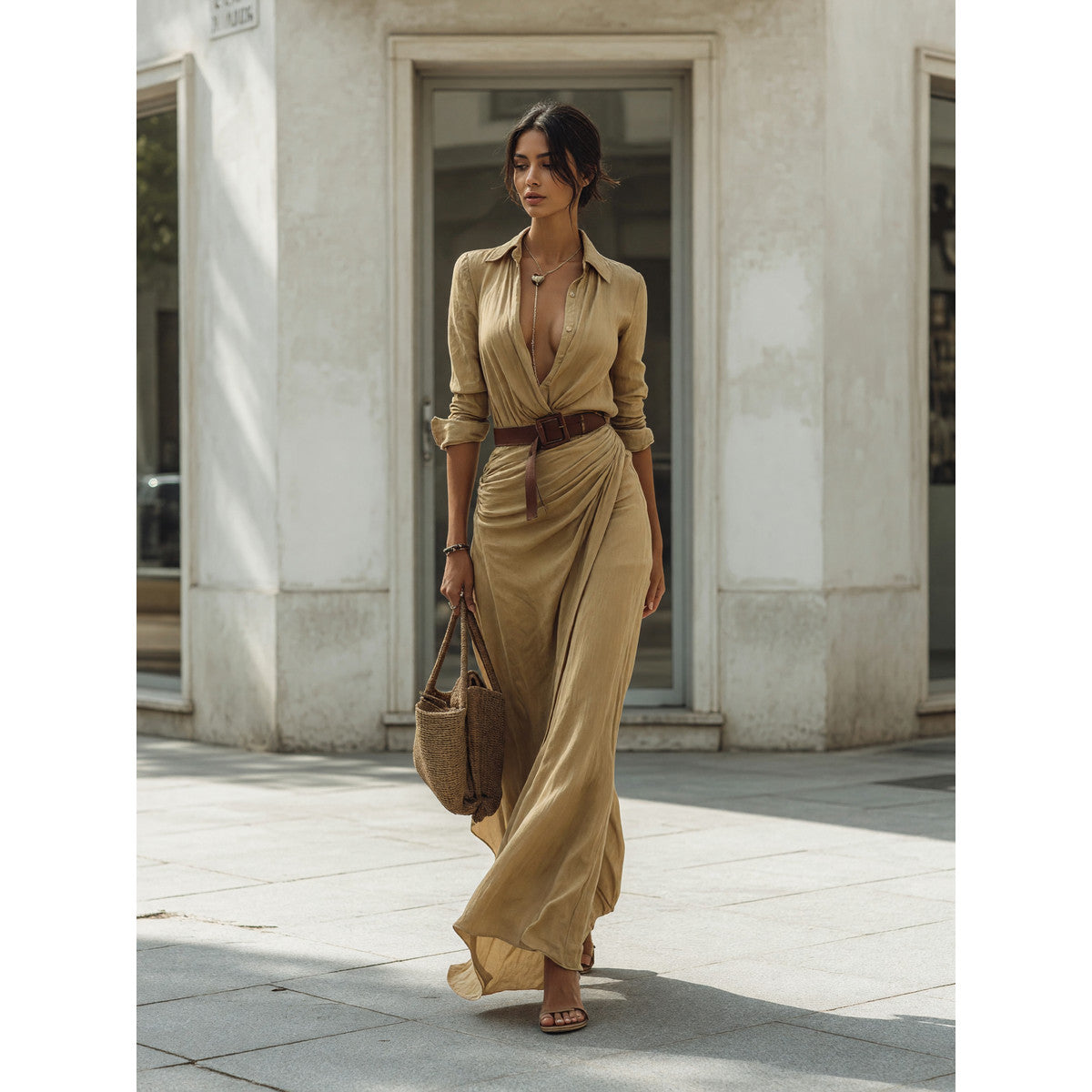 The dress features a long khaki silhouette with long sleeves, a shirt-style collar, and a crossover wrap front. The wrap construction creates a distinctive front line, while pleats at the waist add noticeable texture to the design. The fit 