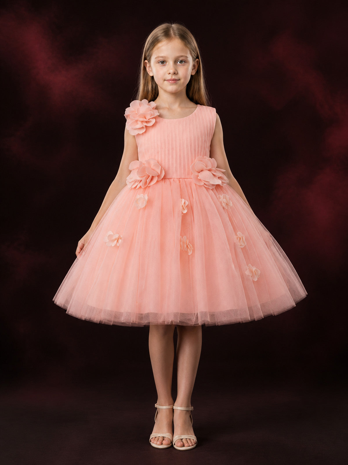 Baby Girls' Pink Princess Tulle Dress With 3D Flower Decorations main product view