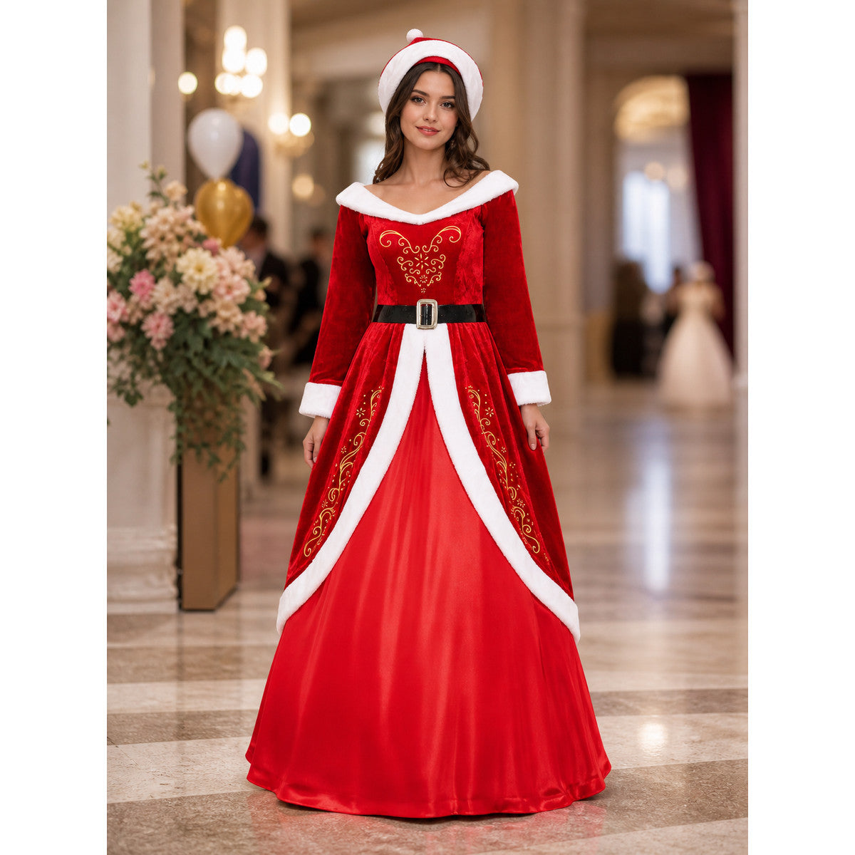 Red and White Christmas Character Costume with Hat