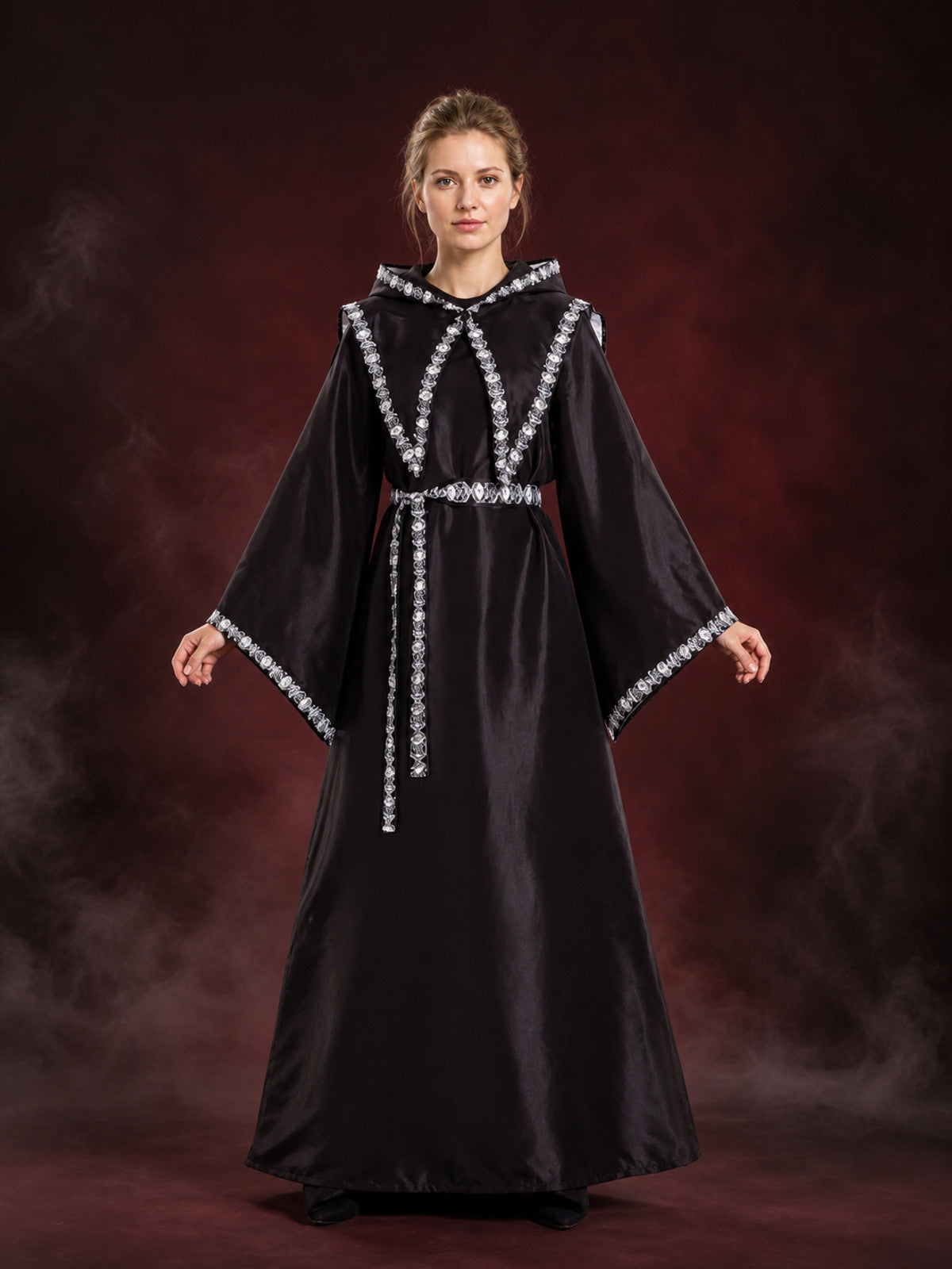Adult Black Hooded Wizard Costume Set with Silver Trim and Belt, Long Robe main product view