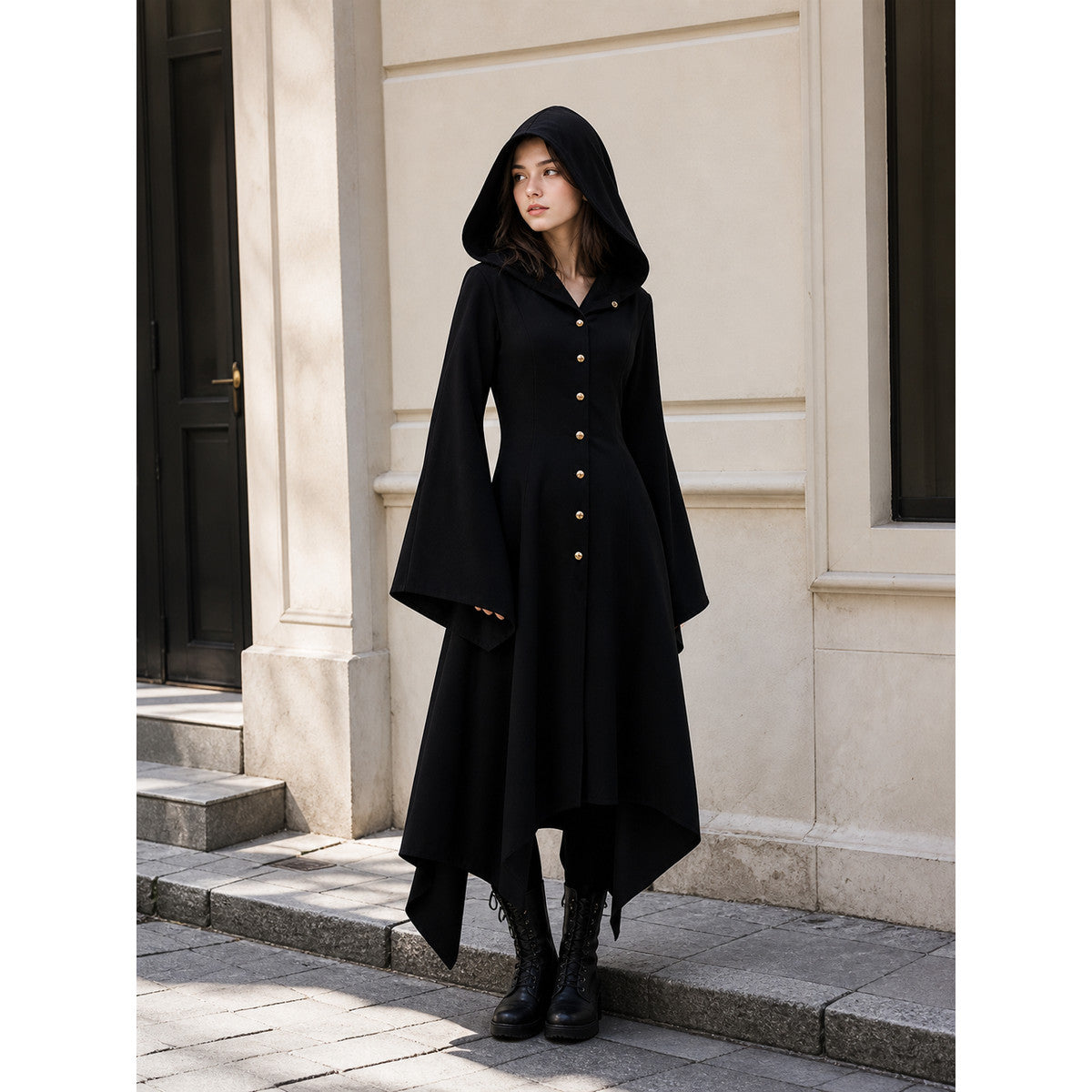 Women's Long Hooded Cloak with Flared Sleeves