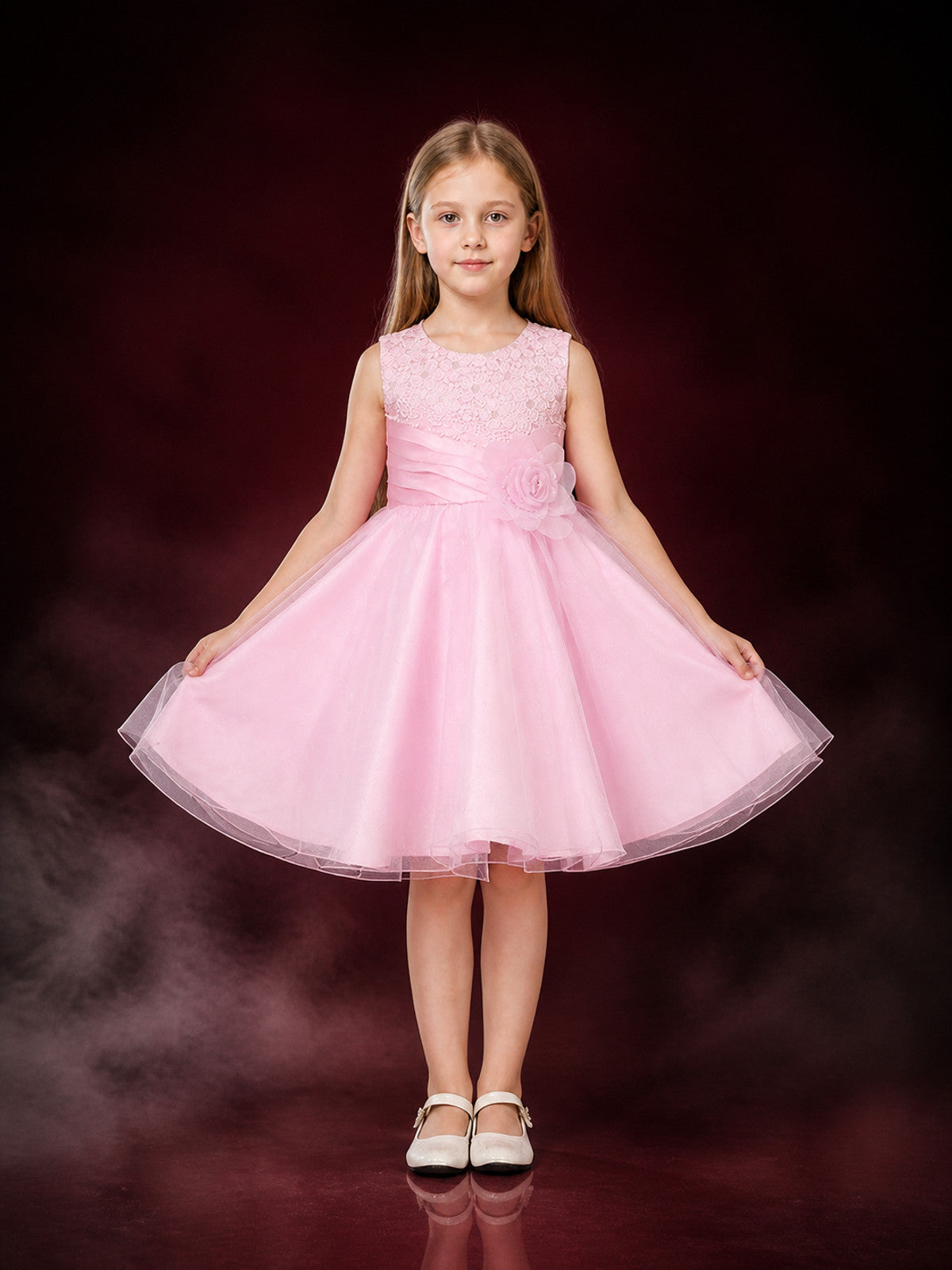 Girls' Pink Princess Dress, Sleeveless Layered Tulle Formal Dress main product view