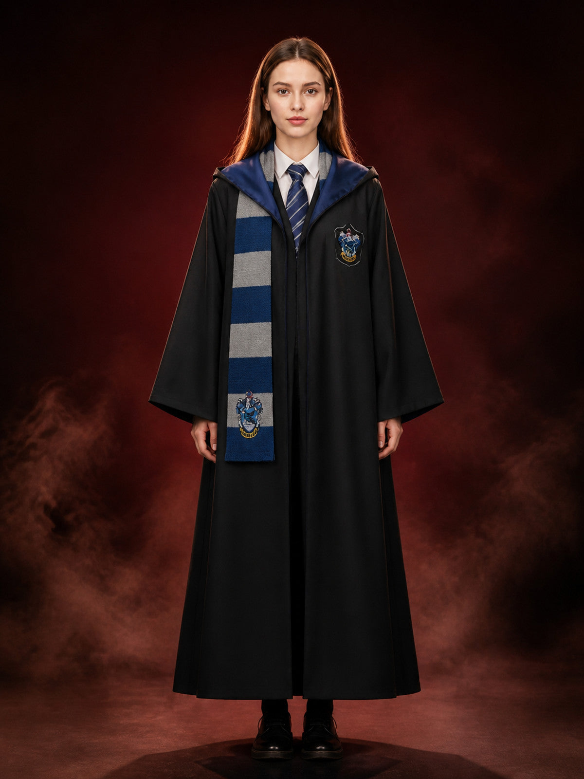 Academy-Themed Wizard Robe Costume Set With Hooded Cloak, Tie And Scarf