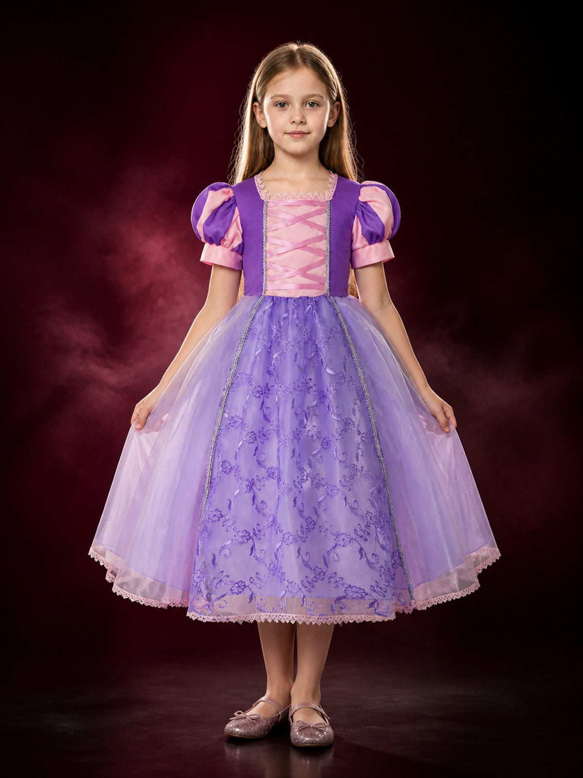 Girls' Princess Dress Costume, Embroidered Lace Organza Gown with Puff Sleeves main product view