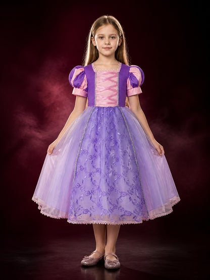 Girls' Princess Dress Costume, Embroidered Lace Organza Gown with Puff Sleeves main product view