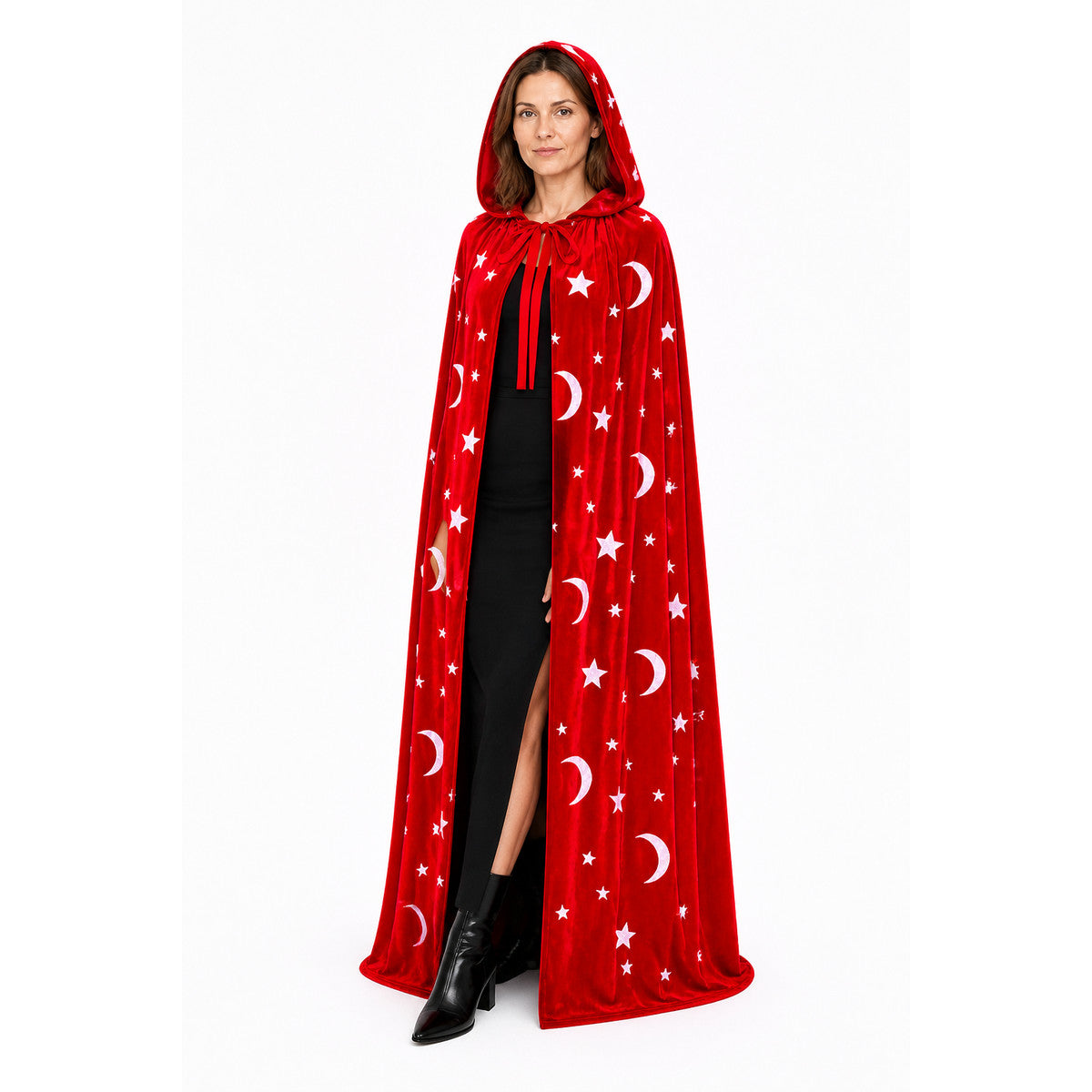 Red Hooded Cloak with Moon and Stars for Halloween Costume Capes detail