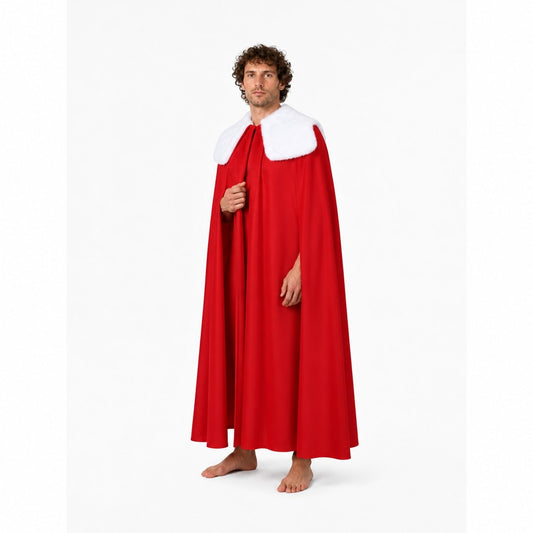 Man wearing the long red Thragg cosplay cape with white fur collar trim, front view