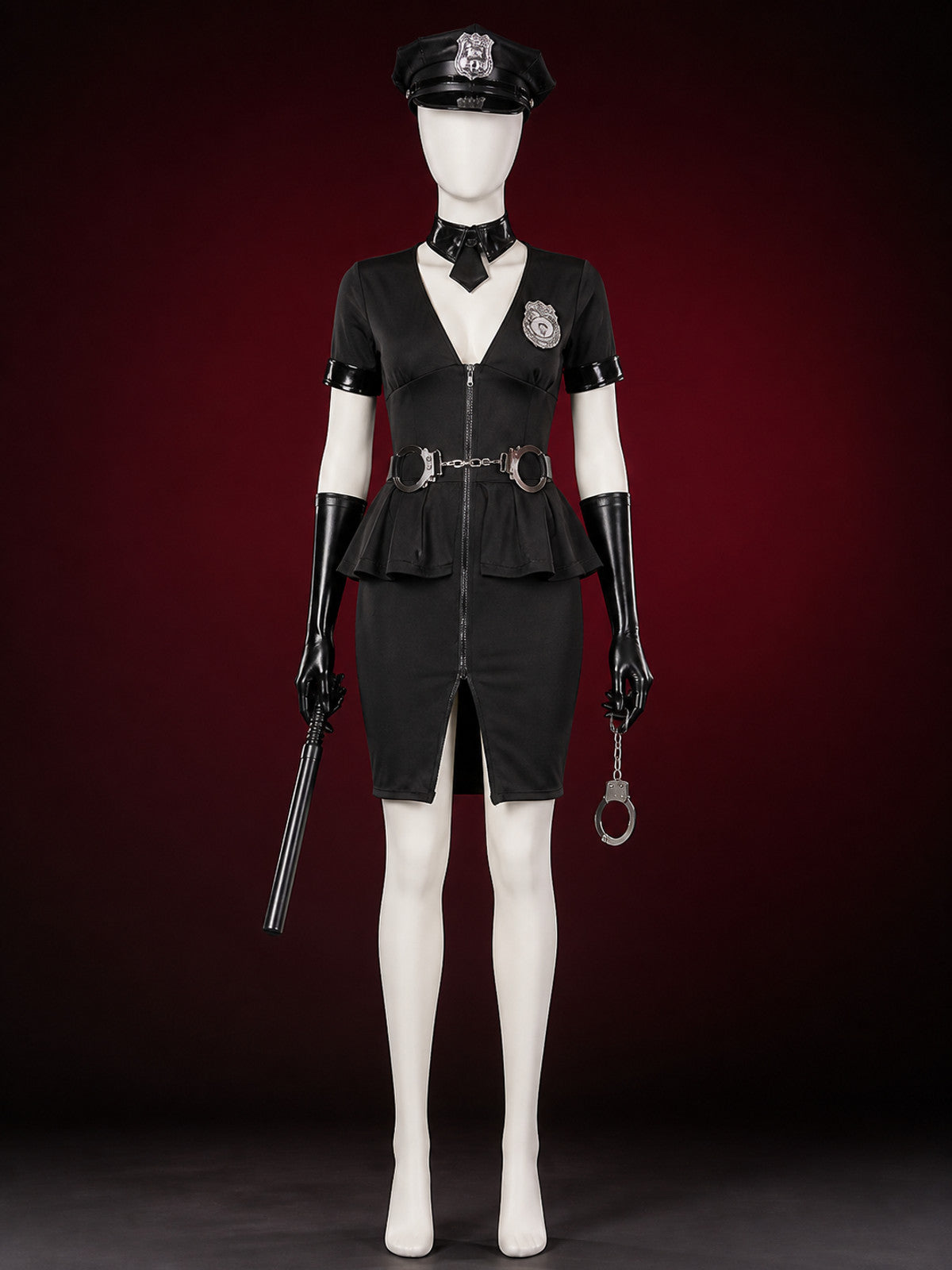 Women's Black Police Officer Halloween Costume Set with Hat, Gloves, and main product view