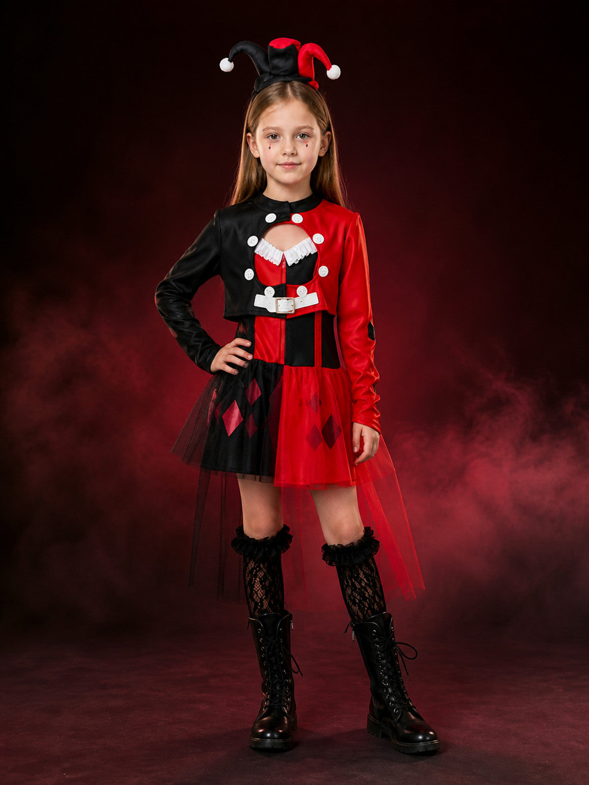 Kids Clown Circus Halloween Costume Set - Black Red Harlequin Dress with