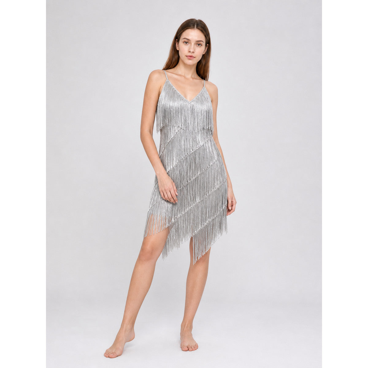 1920s-Style Fringe Dress with Accessory Set on-model front view
