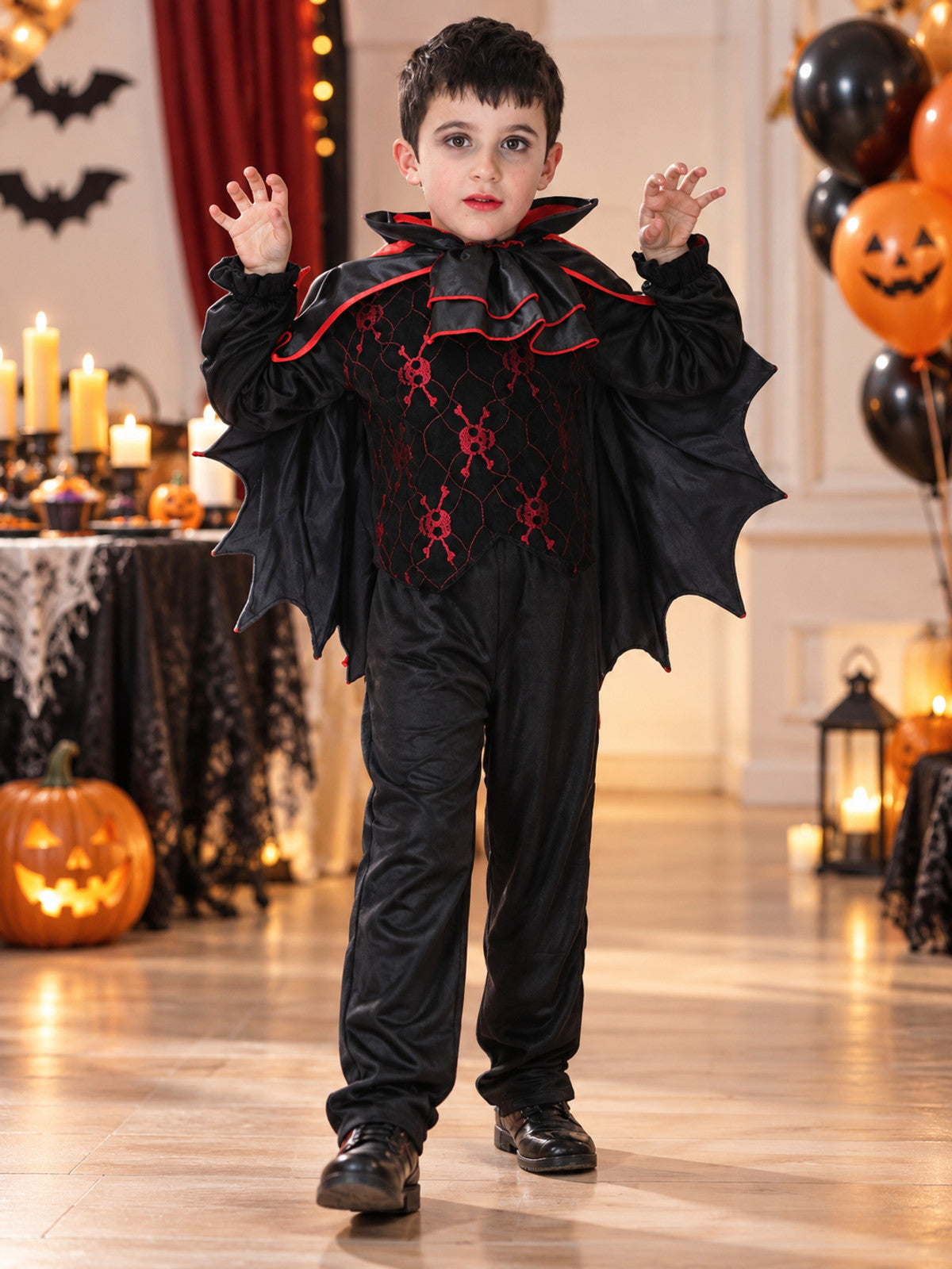 Kids' Vampire Costume with Cape and Fangs, Black and Red