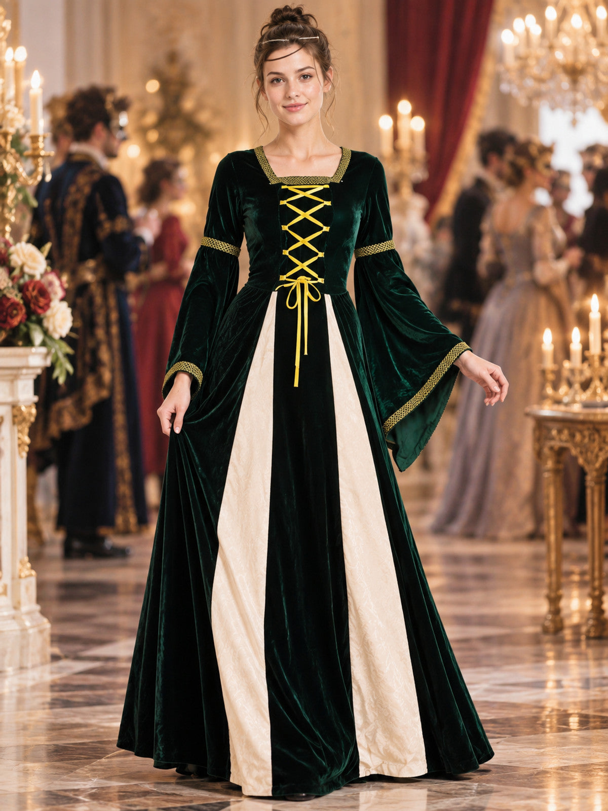 Dark green carnival dress with gold trim
