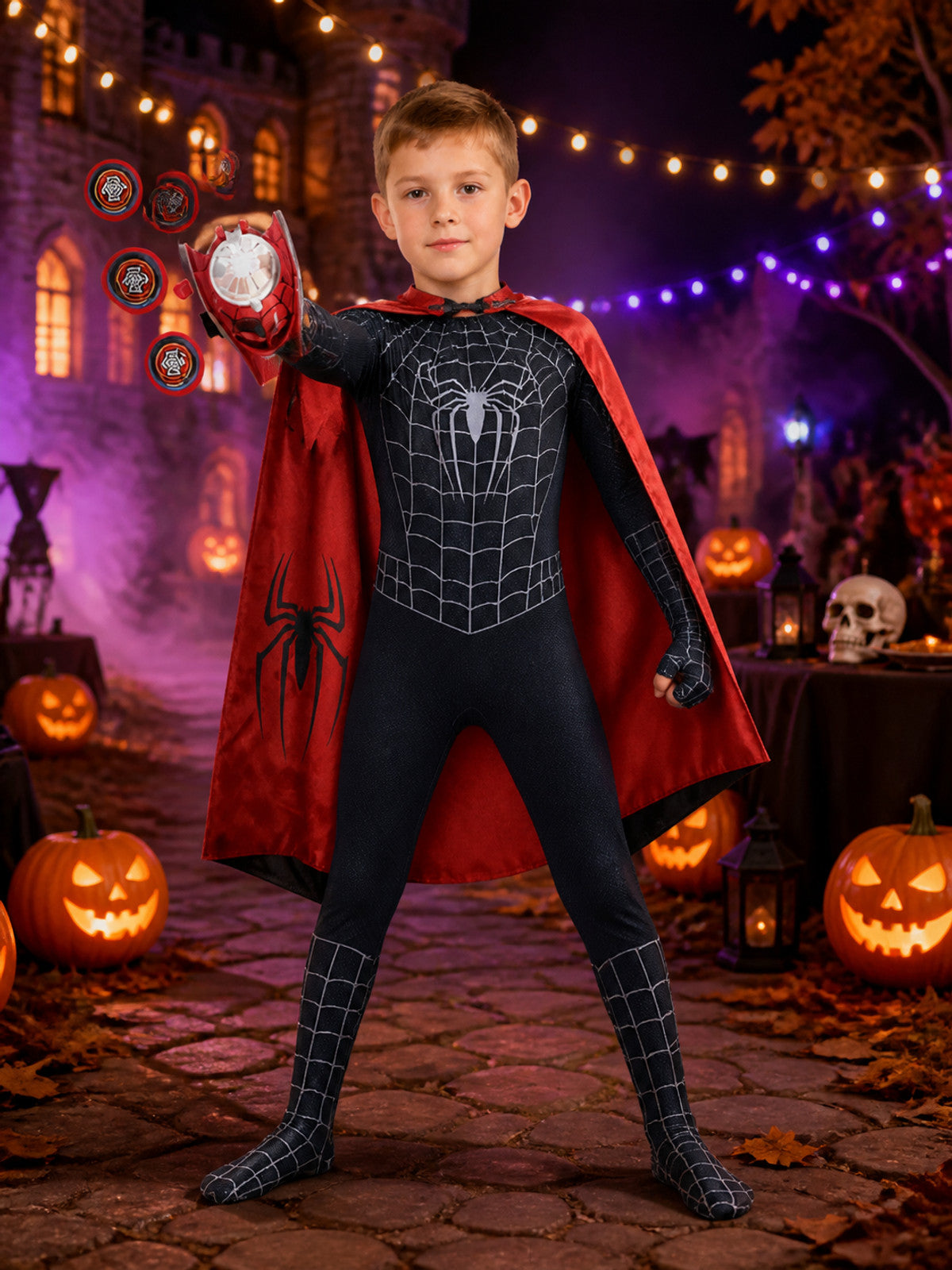 Kids' Black Spider Web Bodysuit Costume with Hooded Mask, Cape, Toy and Launcher Costume Capes detail