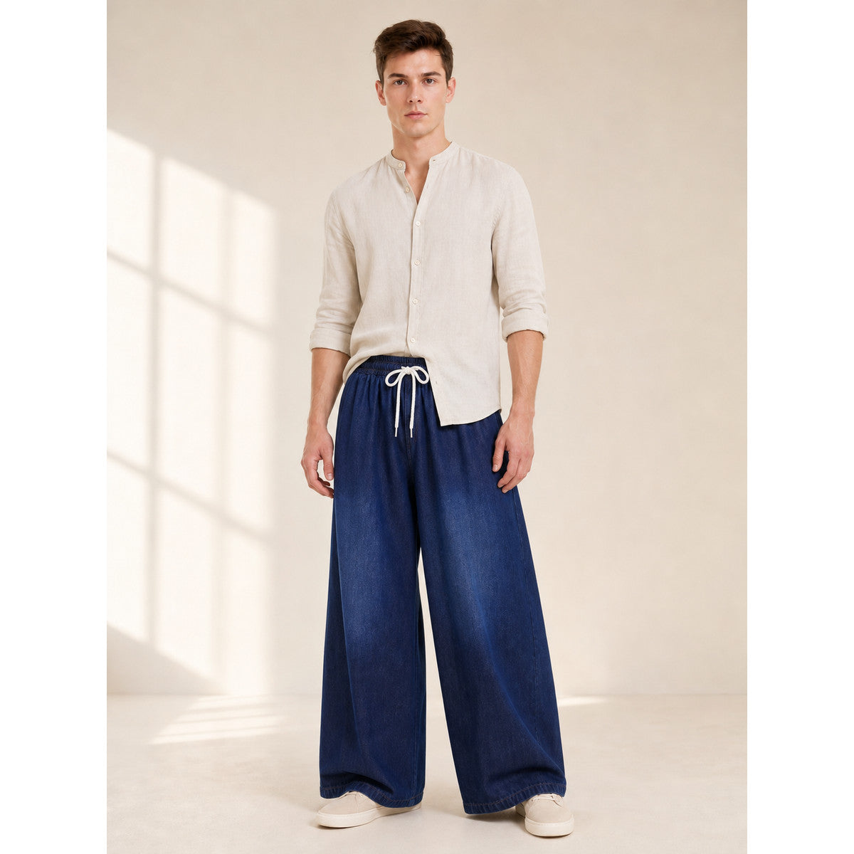 Wide-leg dark navy pants with drawstring lifestyle view
