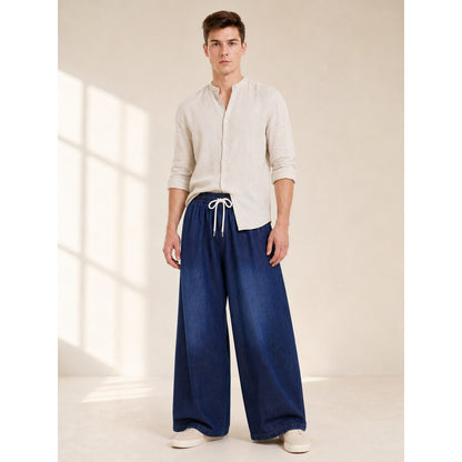 Wide-leg dark navy pants with drawstring lifestyle view