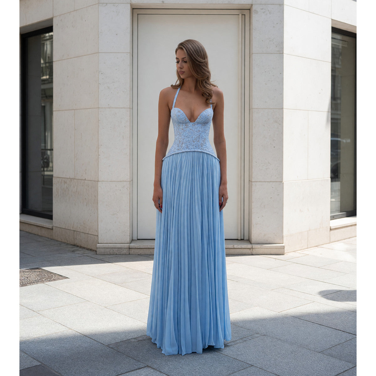 Women's Light Blue Strappy Dress with a Corset-Style Bodice