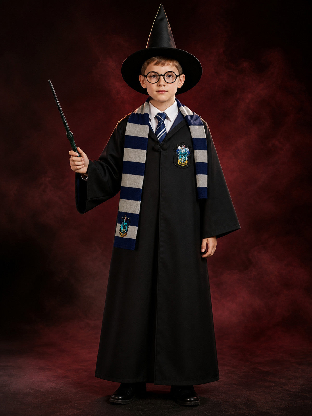 Black Wizard Robe Costume Set with Hat, Glasses, Wand, Scarf, Shirt and Tie