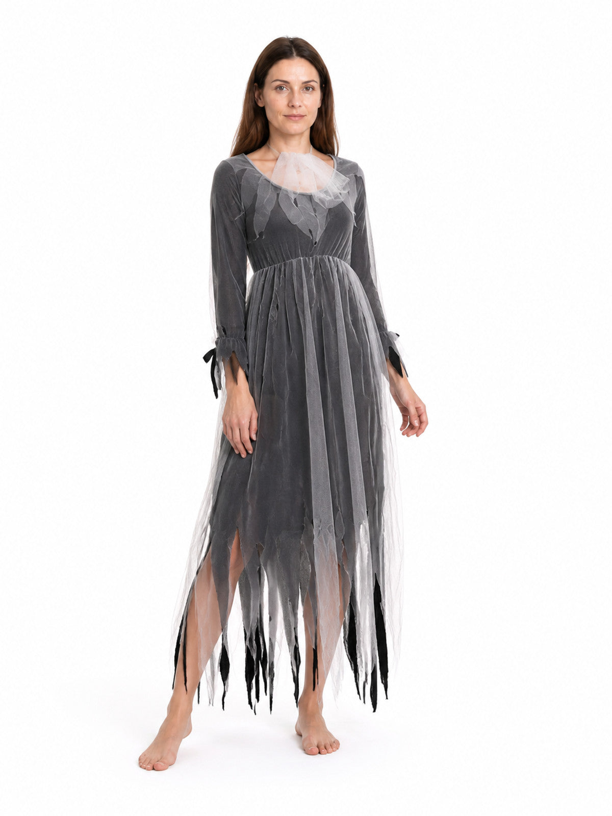 Ghost Bride Dress, Gray and Black, Long, Ragged Hem Costume Dresses detail