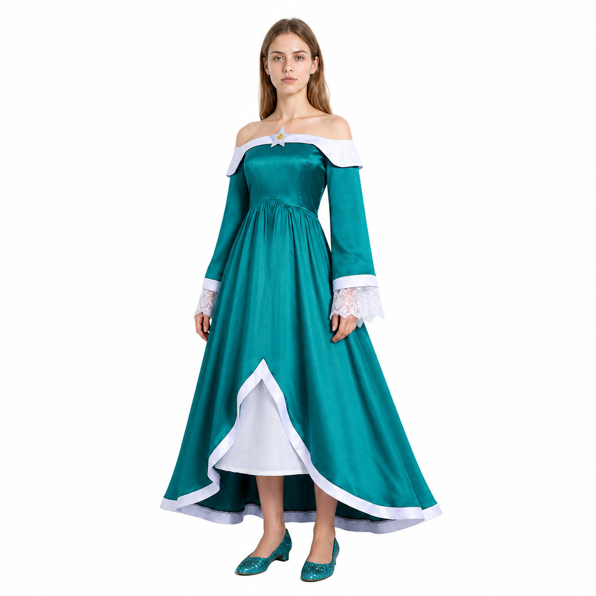 Rosalina Cosplay Dress, Long, with Brooch on-model front view