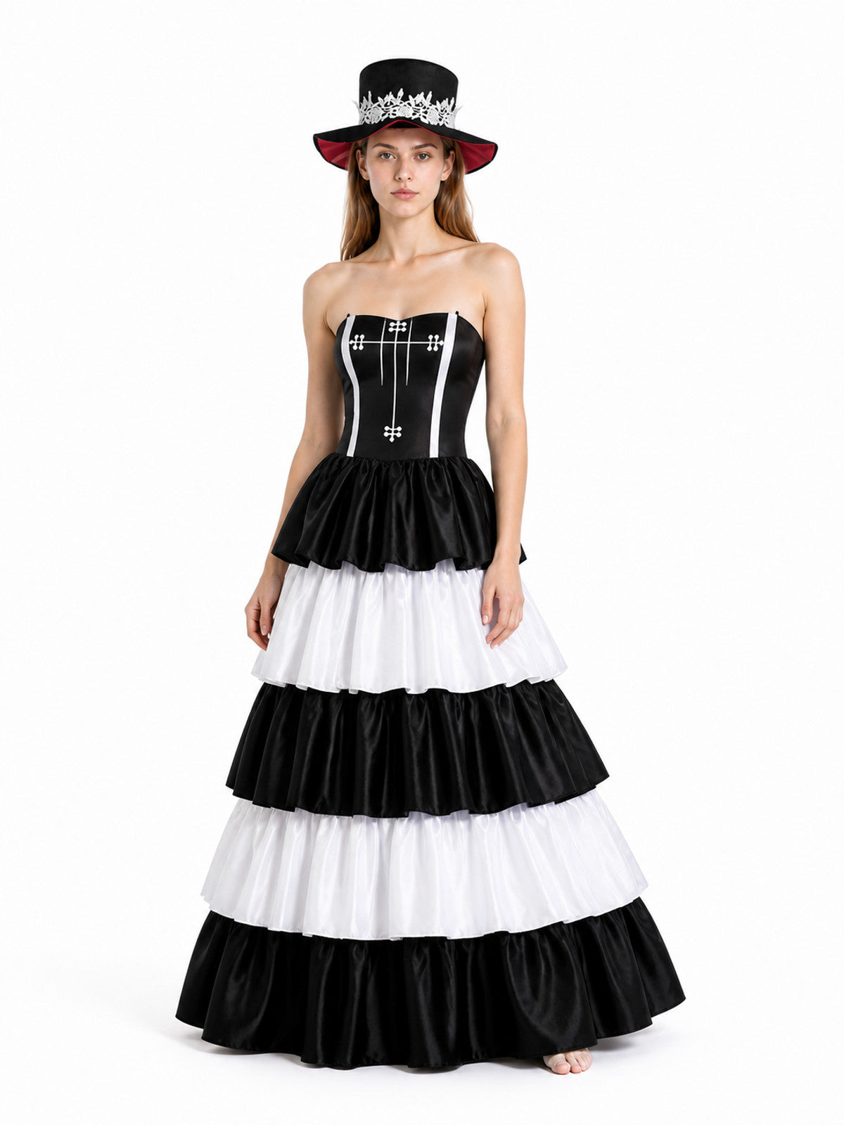 Gothic-Style Dress with Layered Skirt and Hat