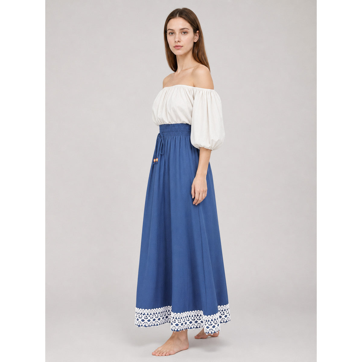 Long blue A-line maxi skirt with lace lifestyle