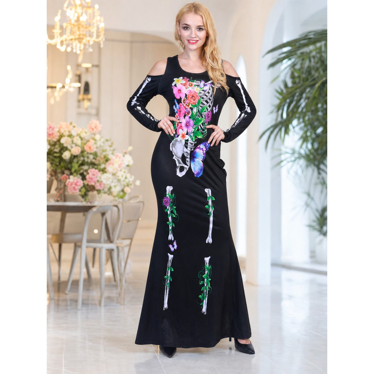 Sleeved Maxi Dress with Gothic Skeleton Print lifestyle