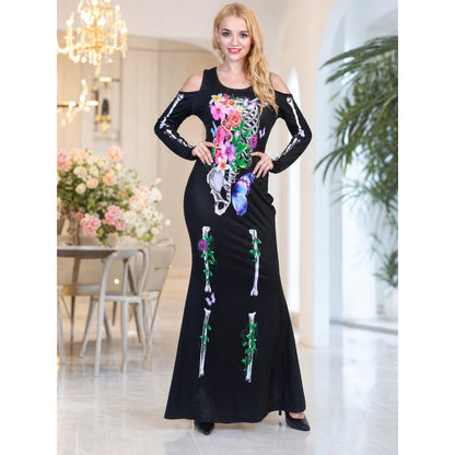 Sleeved Maxi Dress with Gothic Skeleton Print lifestyle