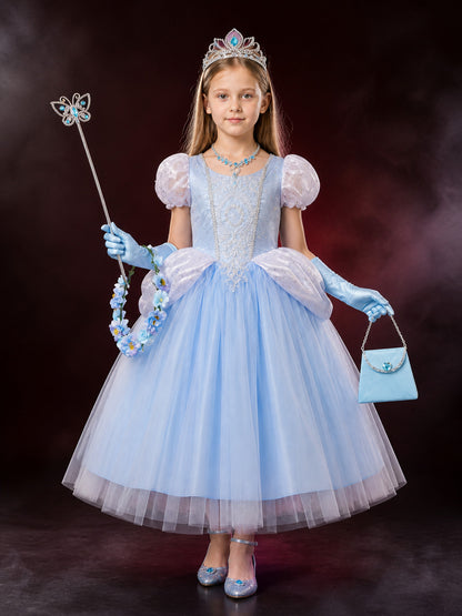 Girls Cinderella Princess Dress Costume - Light Blue Tulle Gown with Crown main product view