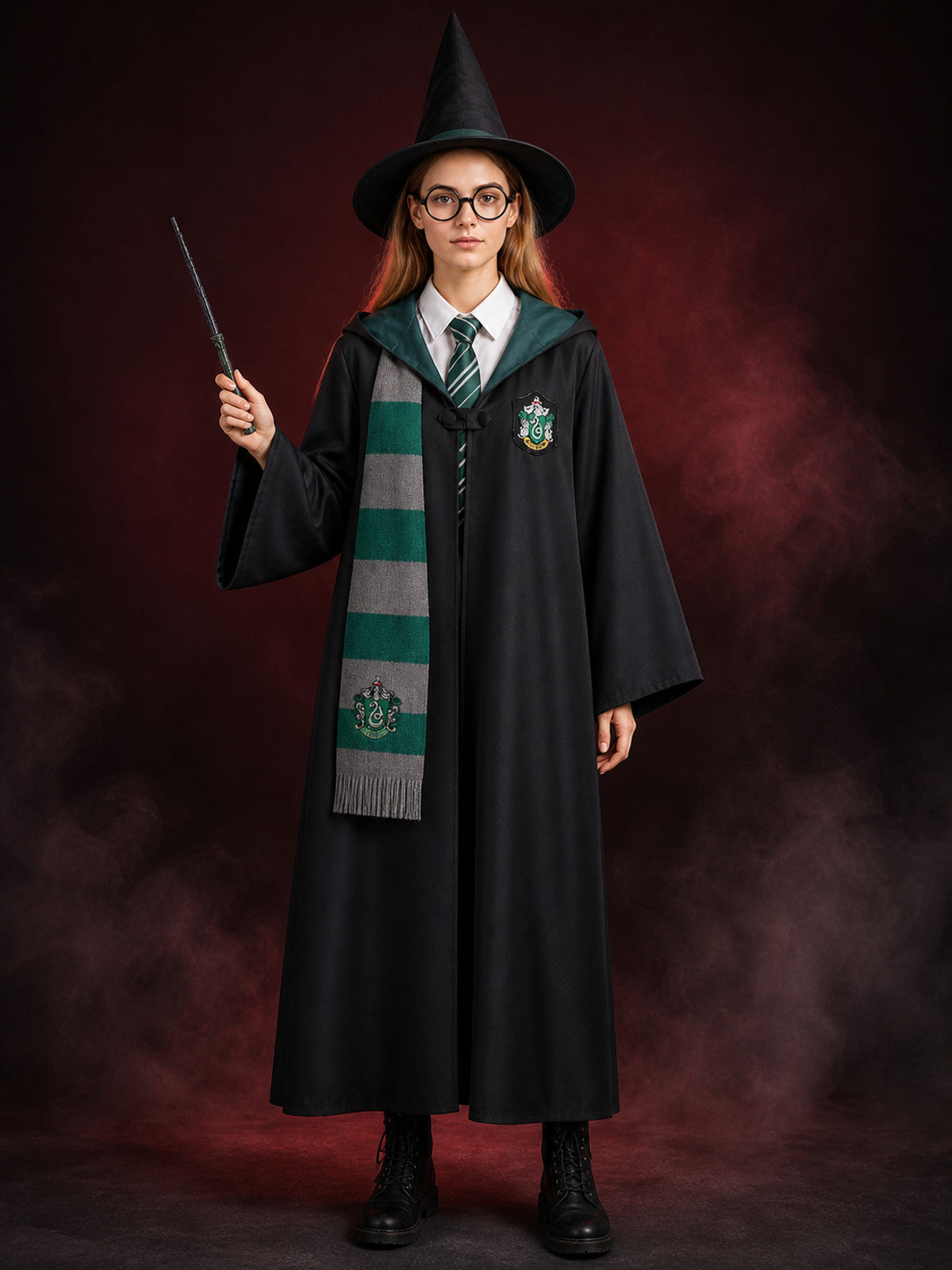 Slytherin Wizard Robe Costume Set with Tie, Scarf, Glasses, Wand, Hat & Shirt
