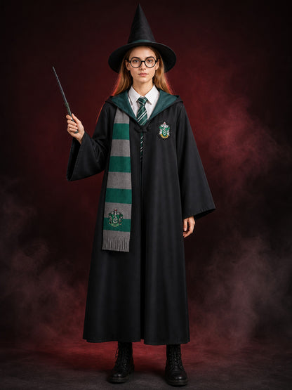 Slytherin Wizard Robe Costume Set with Tie, Scarf, Glasses, Wand, Hat & Shirt