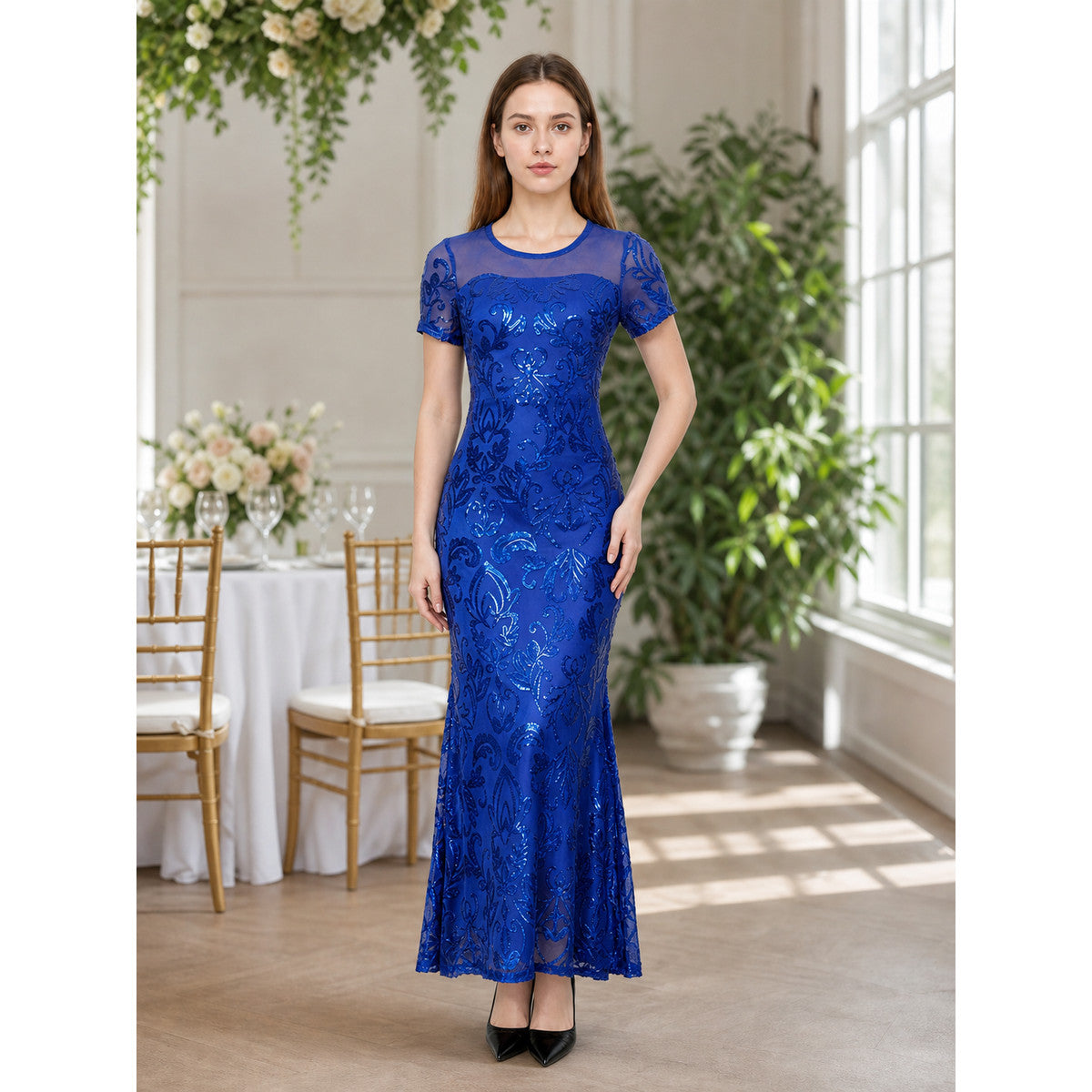 Blue evening dress with floral pattern and sequins