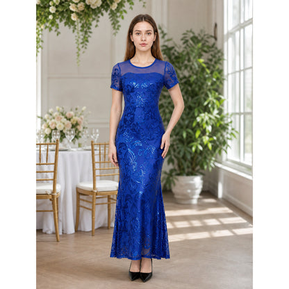 Blue evening dress with floral pattern and sequins