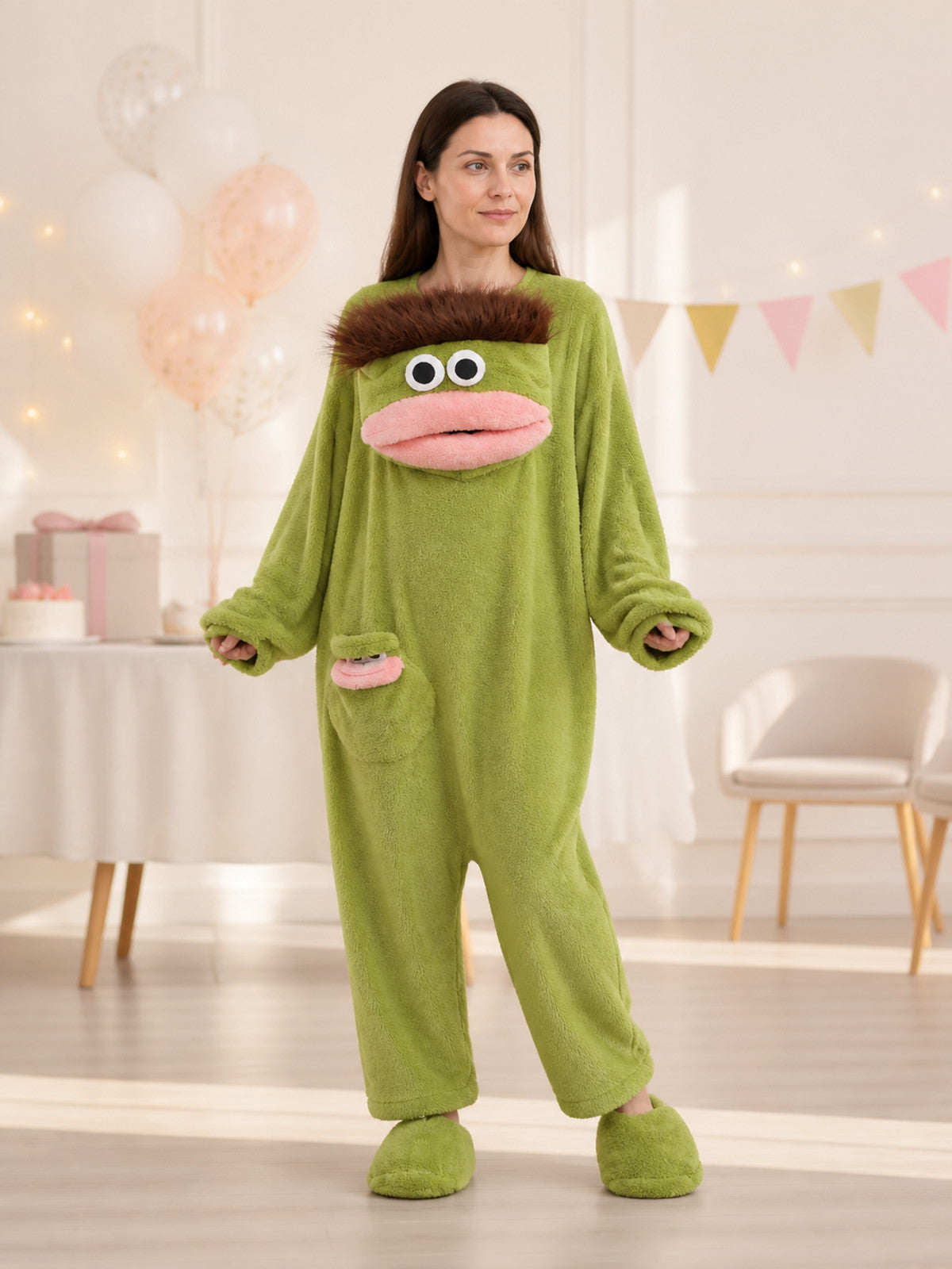 Green Carnival Costume, Hooded Pajama Jumpsuit lifestyle view