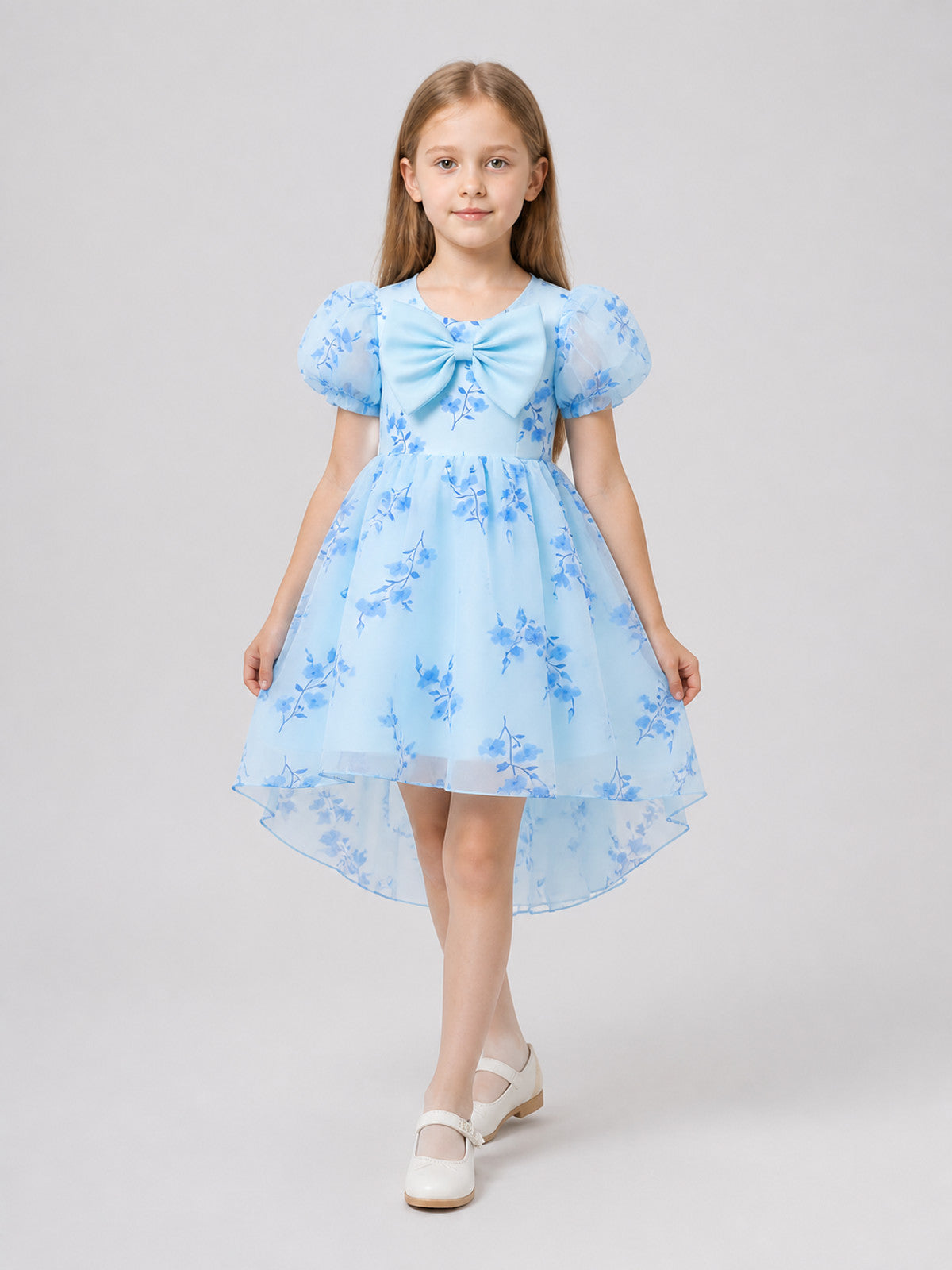 Fancy Dress with Light Blue Floral Print and Bow Costume Dresses detail