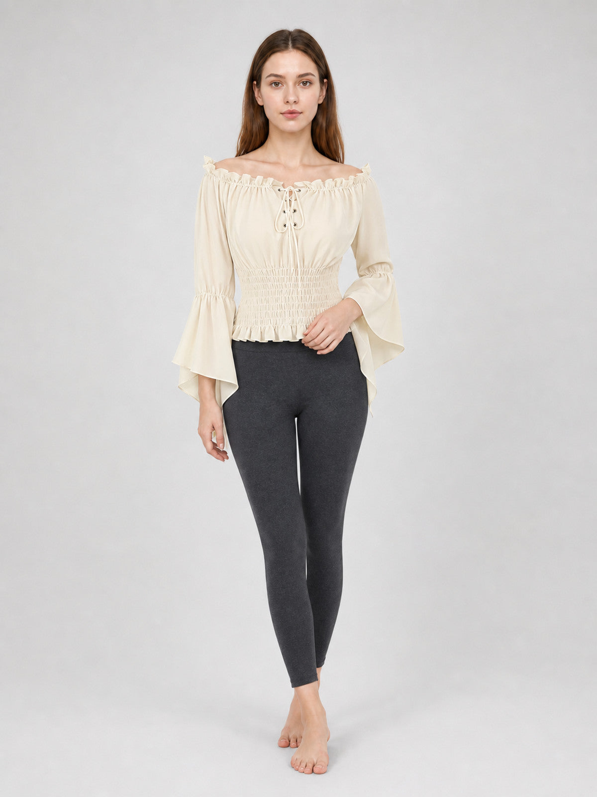 Off-the-Shoulder Lace-Up Blouse, Beige