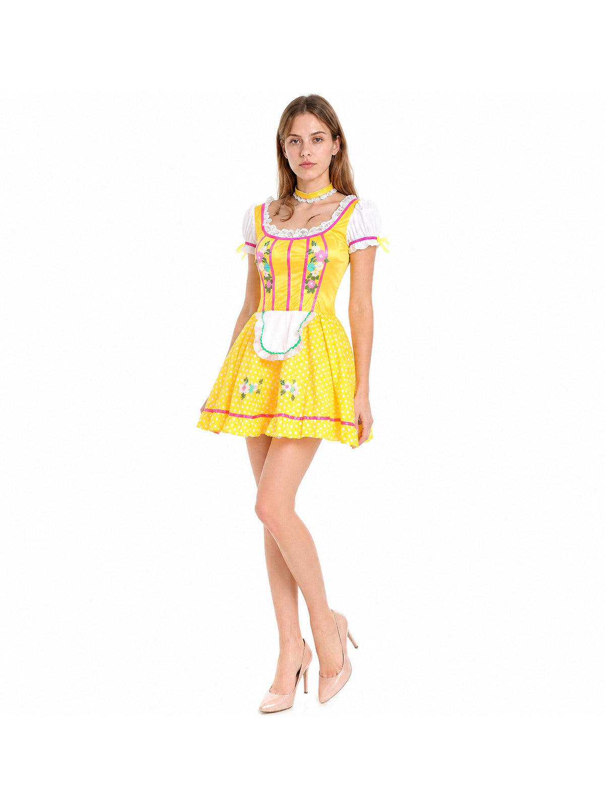 Dress with an apron and puff sleeves in polka dots and floral print Costume Dresses detail