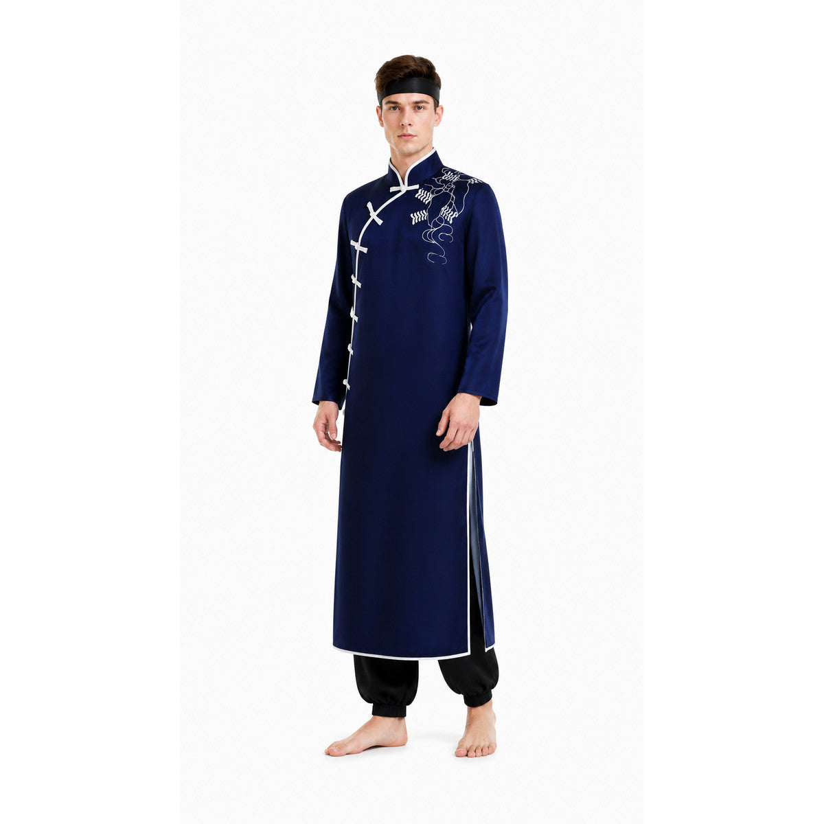 Dark Blue Robe with White Dragon for Cosplay on-model front view